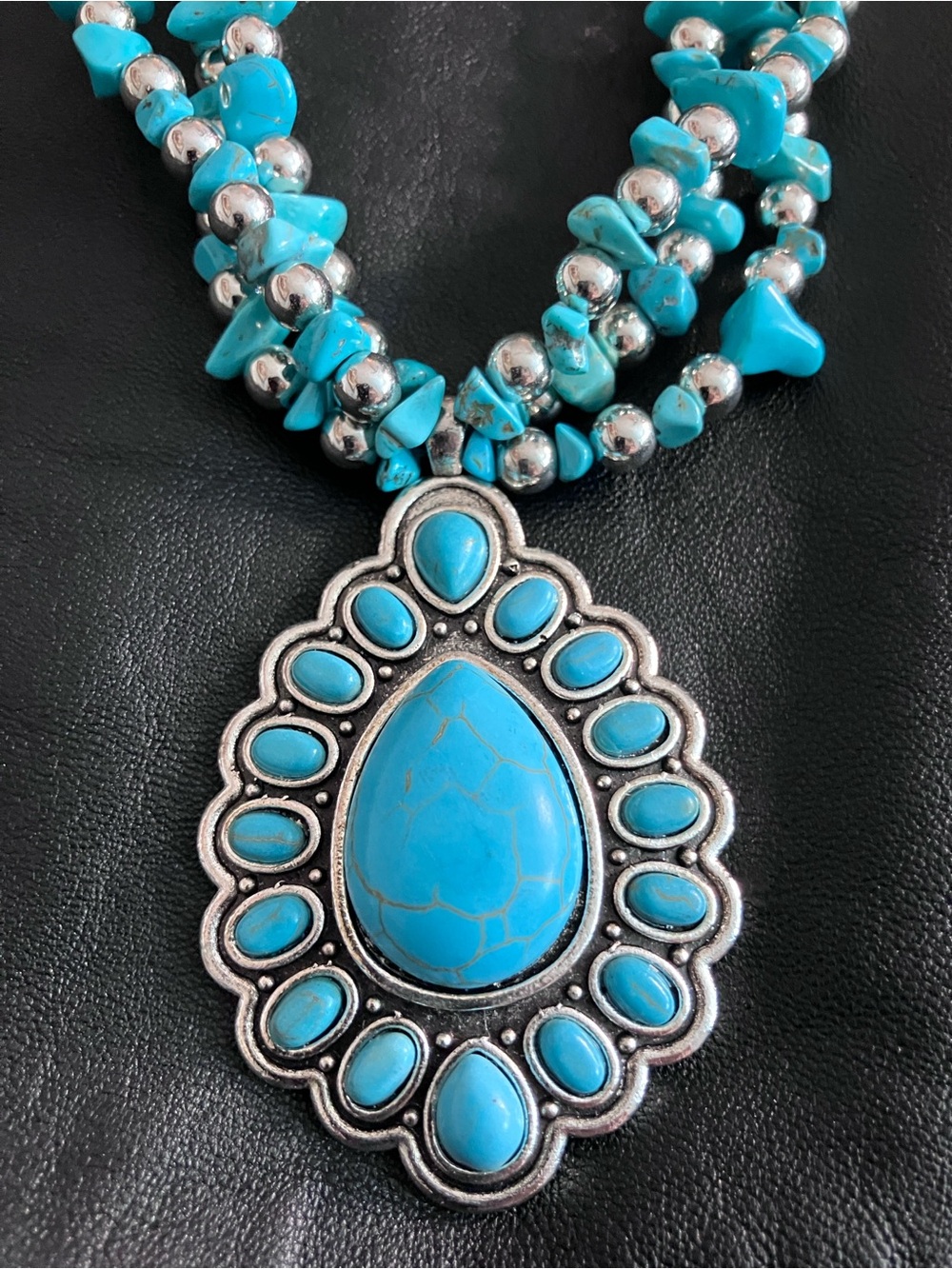 Turquoise Statement Pendant Necklace - Blue Stone Multi-Strand